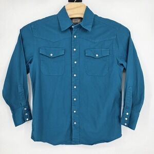 C.E Schmidt Work Wear Jean Shirt Men Med Pearl Snap Front Turquoise Blue Western